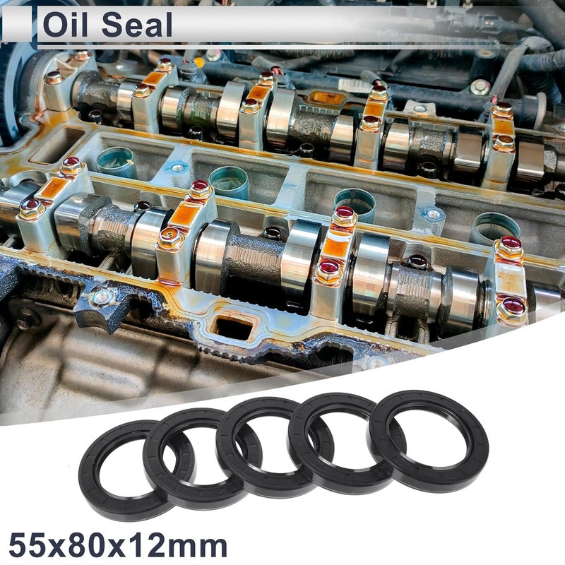 RATCHROLL ختم زيت عالمي TC مزدوج الشفة مع حلقة زنبرك فولاذية ختم عمود دوار 55x80x12 مم ضغط عالي مطاط NBR أسود 5 قطع - Image 2